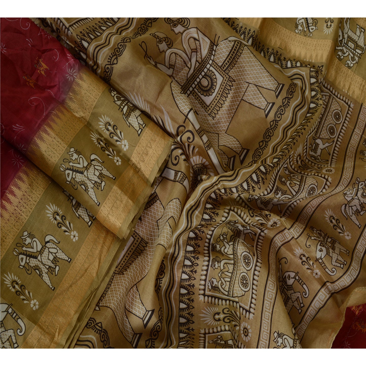 Sanskriti Vintage Sarees Red Animal Human Printed Pure Silk Sari Craft Sustainable Fabric