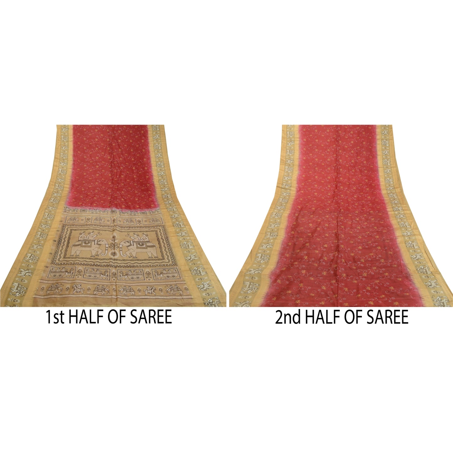 Sanskriti Vintage Sarees Red Animal Human Printed Pure Silk Sari Craft Sustainable Fabric