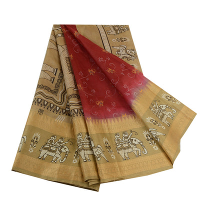 Sanskriti Vintage Sarees Red Animal Human Printed Pure Silk Sari Craft Sustainable Fabric