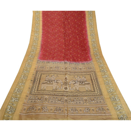Sanskriti Vintage Sarees Red Animal Human Printed Pure Silk Sari Craft Sustainable Fabric