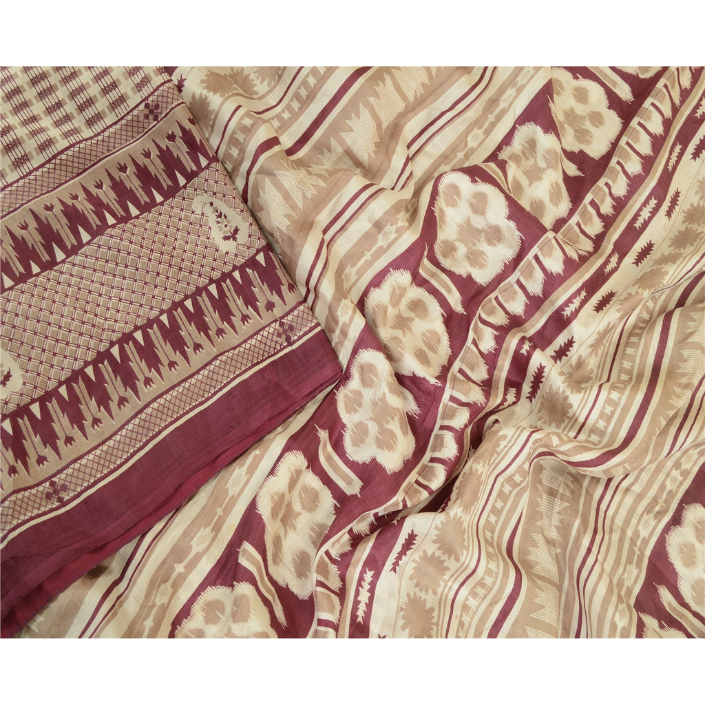 Sanskriti Vintage Sarees Indisk Elfenbenstrykt Ren Silke Sari Blødt Håndværk Bæredygtigt Stoff