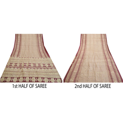 Sanskriti Vintage Sarees Indisk Elfenbenstrykt Ren Silke Sari Blødt Håndværk Bæredygtigt Stoff