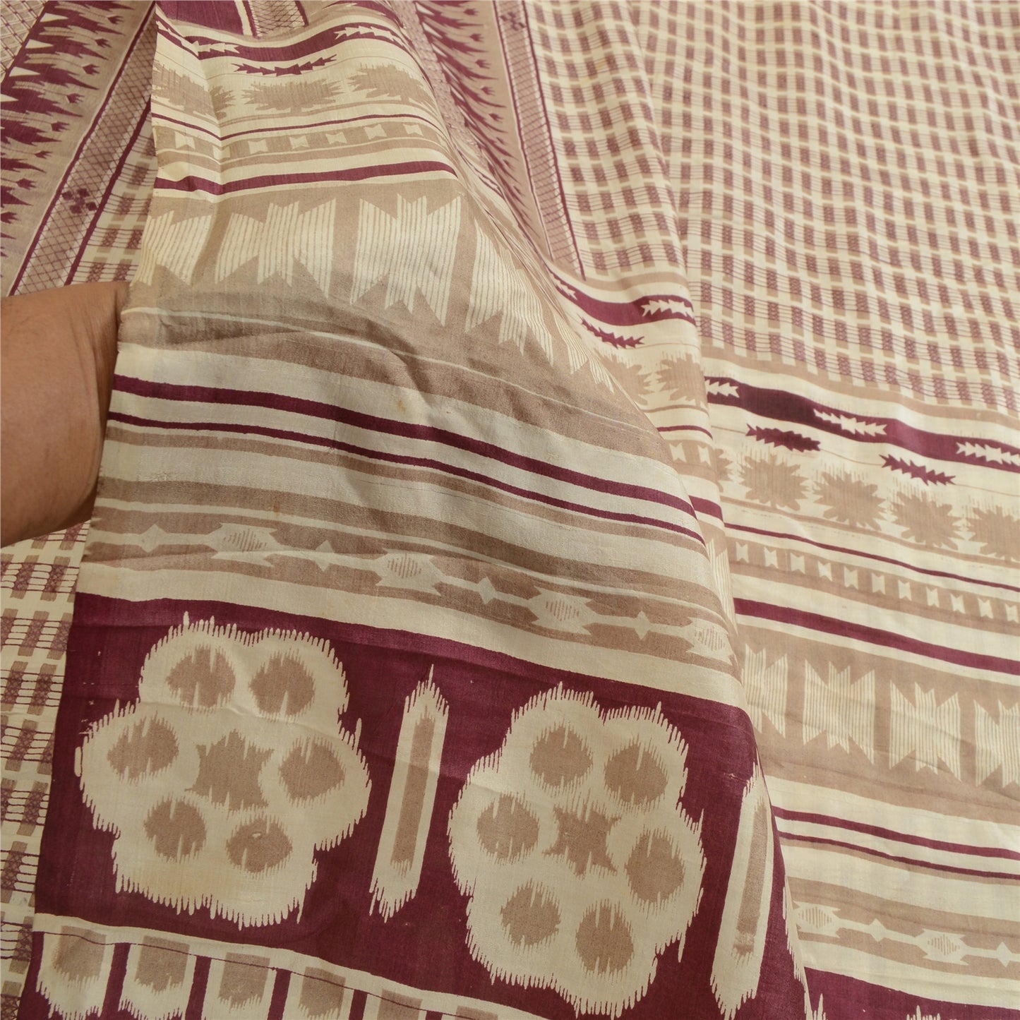 Sanskriti Vintage Sarees Indisk Elfenbenstrykt Ren Silke Sari Blødt Håndværk Bæredygtigt Stoff