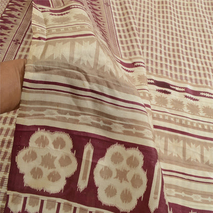 Sanskriti Vintage Sarees Indisk Elfenbenstrykt Ren Silke Sari Blødt Håndværk Bæredygtigt Stoff