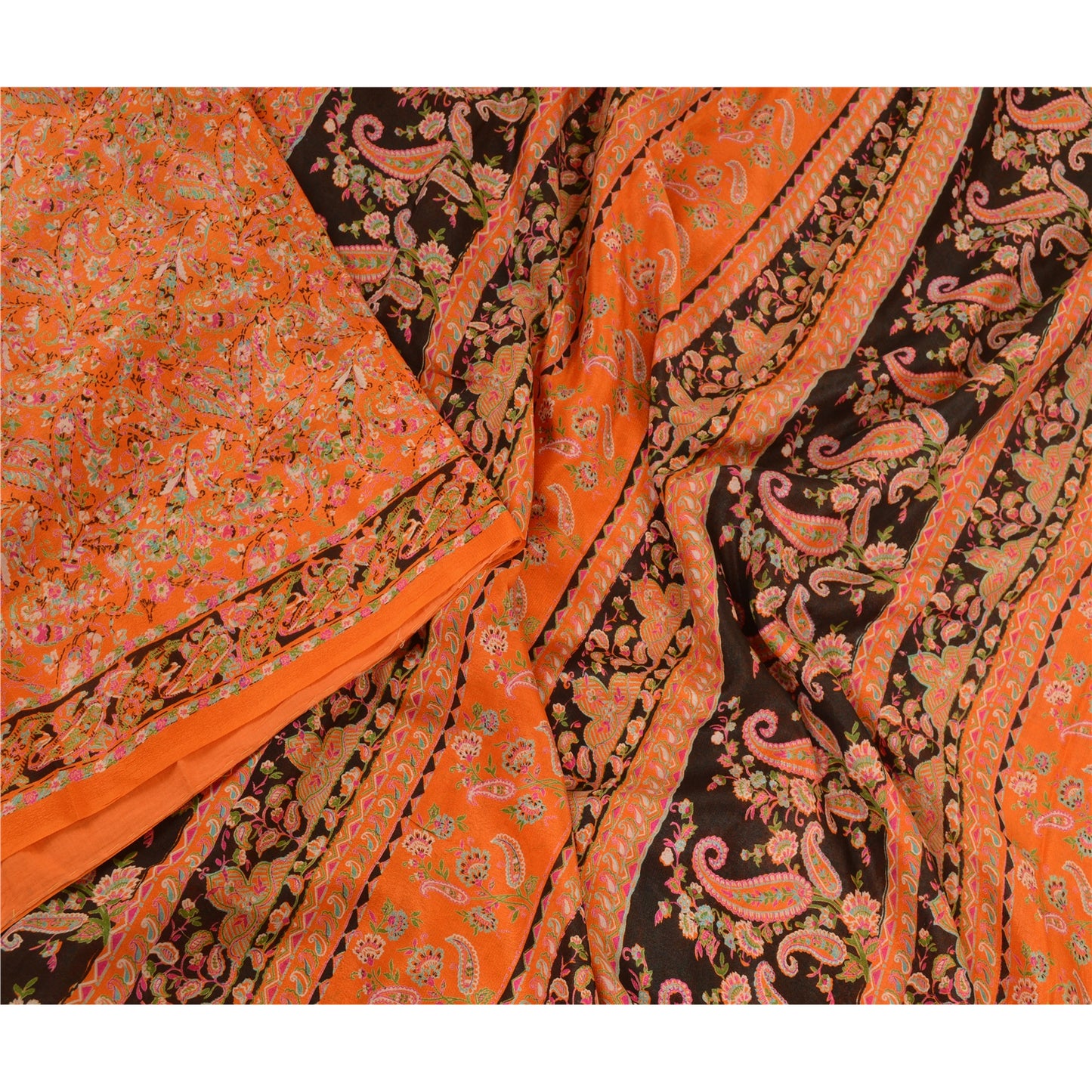 Sanskriti Vintage Sarees Indian Orange Pure Silk Printed Sari 5yd Craft Sustainable Fabric