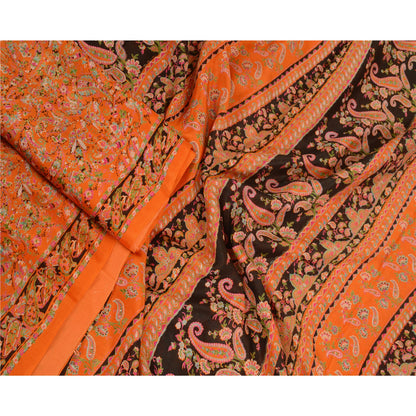 Sanskriti Vintage Sarees Indian Orange Pure Silk Printed Sari 5yd Craft Sustainable Fabric