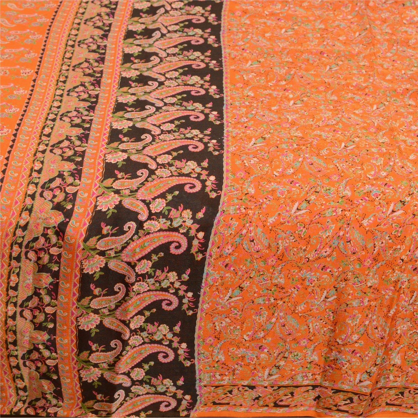 Sanskriti Vintage Sarees Indian Orange Pure Silk Printed Sari 5yd Craft Sustainable Fabric