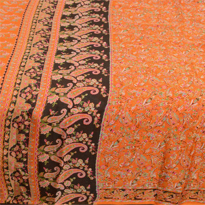 Sanskriti Vintage Sarees Indian Orange Pure Silk Printed Sari 5yd Craft Sustainable Fabric
