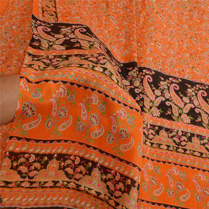 Sanskriti Vintage Sarees Indian Orange Pure Silk Printed Sari 5yd Craft Sustainable Fabric