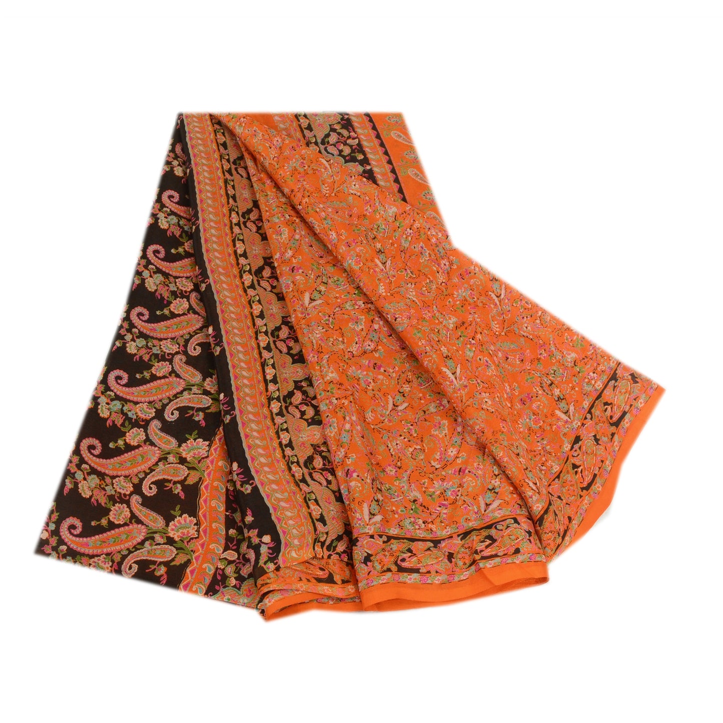 Sanskriti Vintage Sarees Indian Orange Pure Silk Printed Sari 5yd Craft Sustainable Fabric