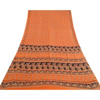 Sanskriti Vintage Sarees Indian Orange Pure Silk Printed Sari 5yd Craft Sustainable Fabric