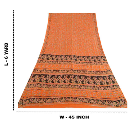 Sanskriti Vintage Sarees Indian Orange Pure Silk Printed Sari 5yd Craft Sustainable Fabric