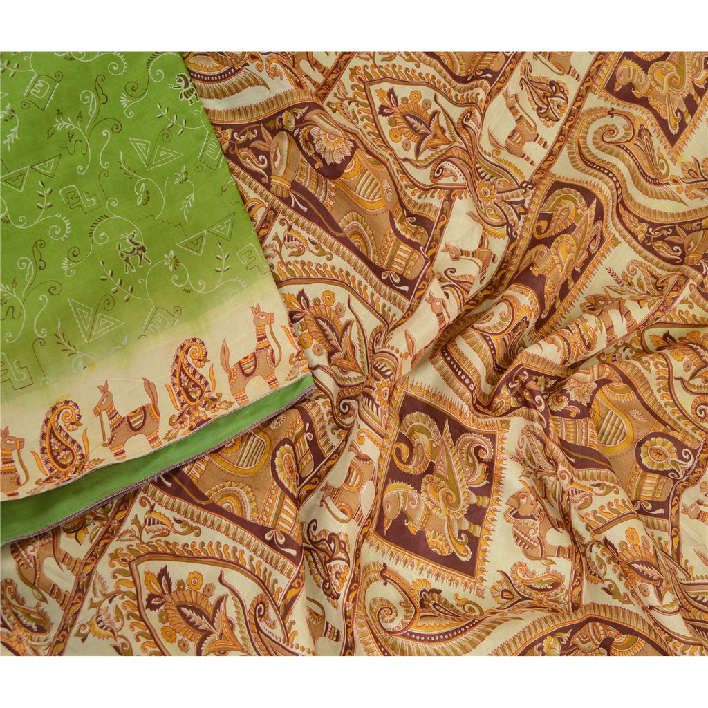 Sanskriti Vintage Sarees From India Green Printed Pure Silk Sari Craft Sustainable Fabric
