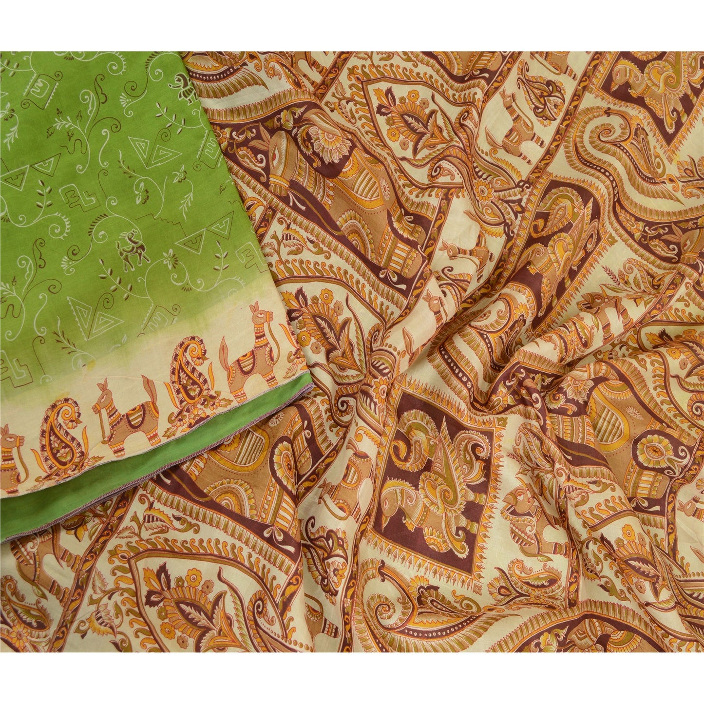 Sanskriti Vintage Sarees From India Green Printed Pure Silk Sari Craft Sustainable Fabric