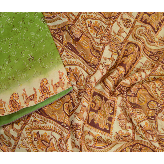 Sanskriti Vintage Sarees From India Green Printed Pure Silk Sari Craft Sustainable Fabric