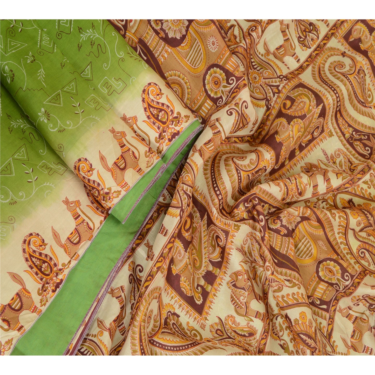 Sanskriti Vintage Sarees From India Green Printed Pure Silk Sari Craft Sustainable Fabric