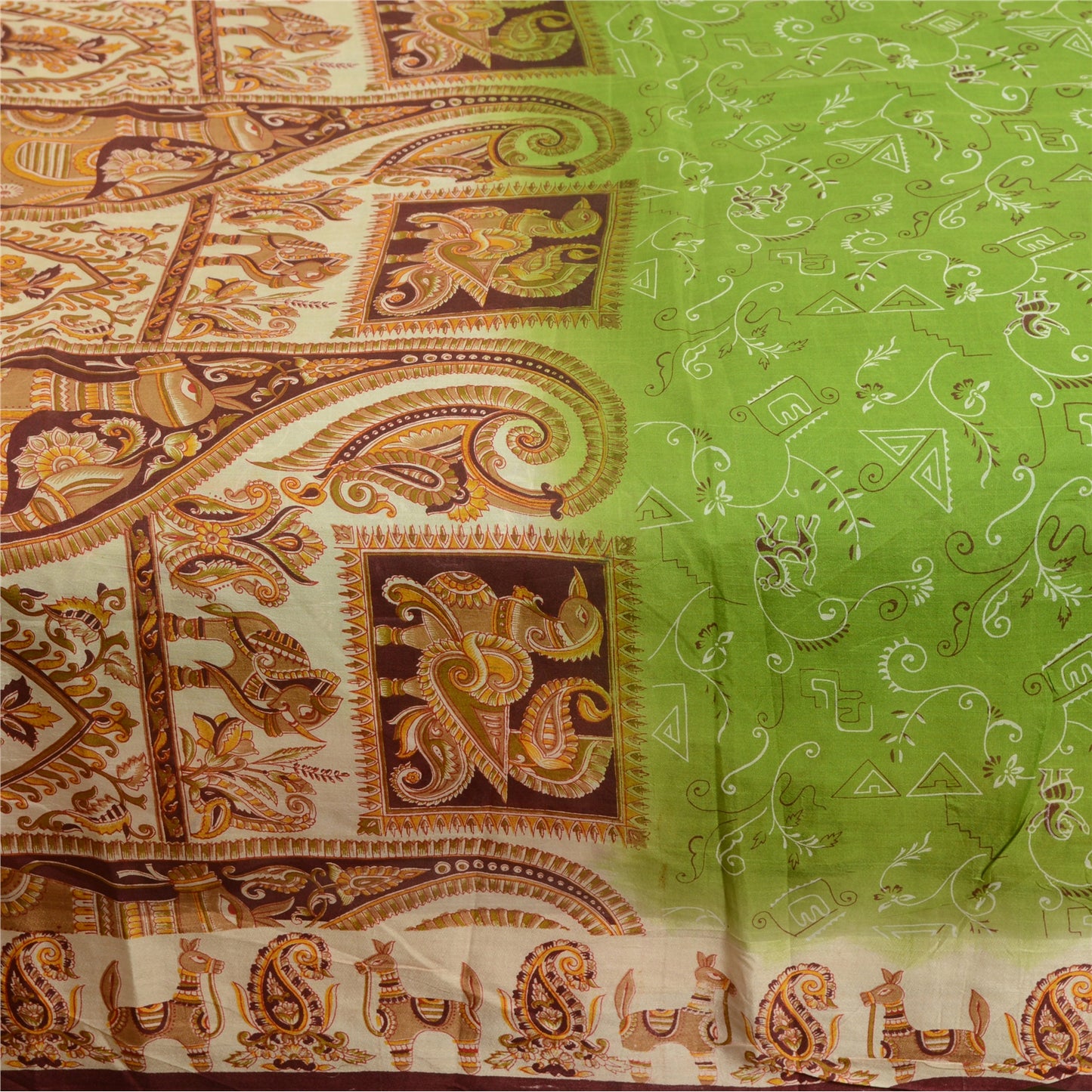 Sanskriti Vintage Sarees From India Green Printed Pure Silk Sari Craft Sustainable Fabric