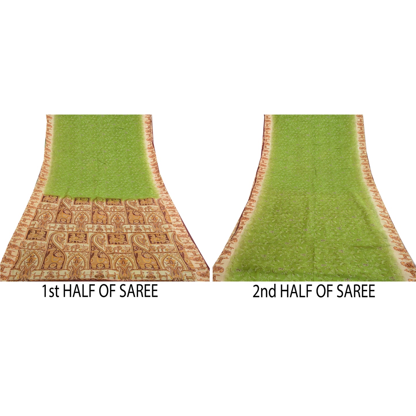 Sanskriti Vintage Sarees From India Green Printed Pure Silk Sari Craft Sustainable Fabric