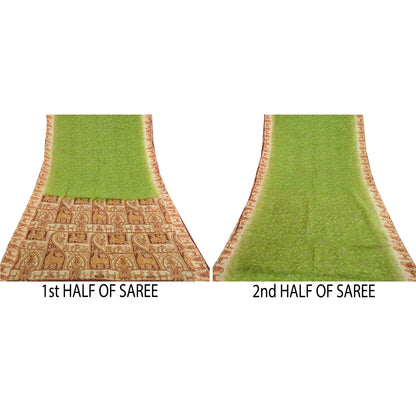Sanskriti Vintage Sarees From India Green Printed Pure Silk Sari Craft Sustainable Fabric