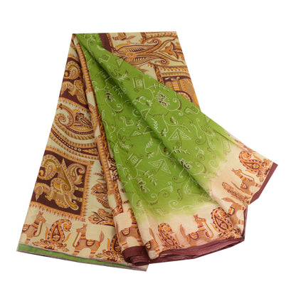 Sanskriti Vintage Sarees From India Green Printed Pure Silk Sari Craft Sustainable Fabric