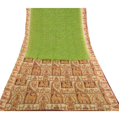 Sanskriti Vintage Sarees From India Green Printed Pure Silk Sari Craft Sustainable Fabric