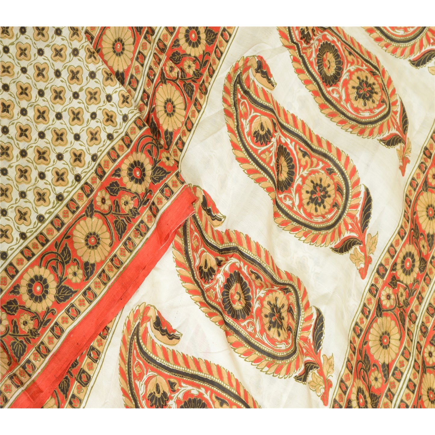 Sanskriti Vintage Sarees Indian Ivory Pure Silk Printed Sari Soft Craft Sustainable Fabric