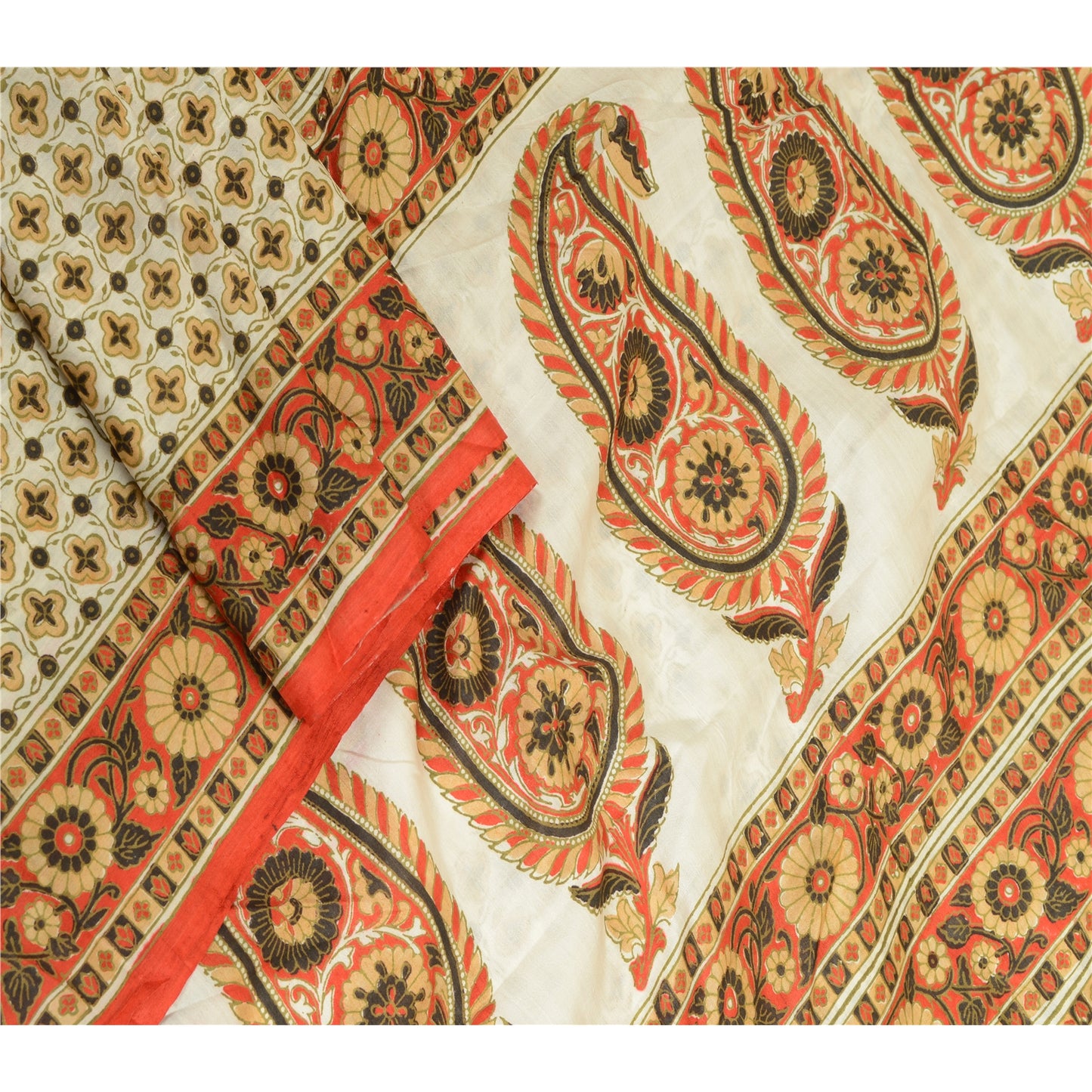 Sanskriti Vintage Sarees Indian Ivory Pure Silk Printed Sari Soft Craft Sustainable Fabric