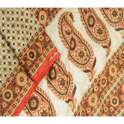 Sanskriti Vintage Sarees Indian Ivory Pure Silk Printed Sari Soft Craft Sustainable Fabric