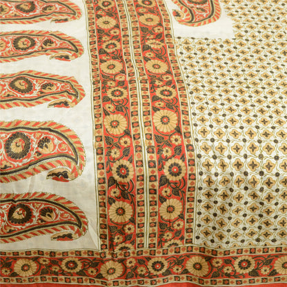 Sanskriti Vintage Sarees Indian Ivory Pure Silk Printed Sari Soft Craft Sustainable Fabric