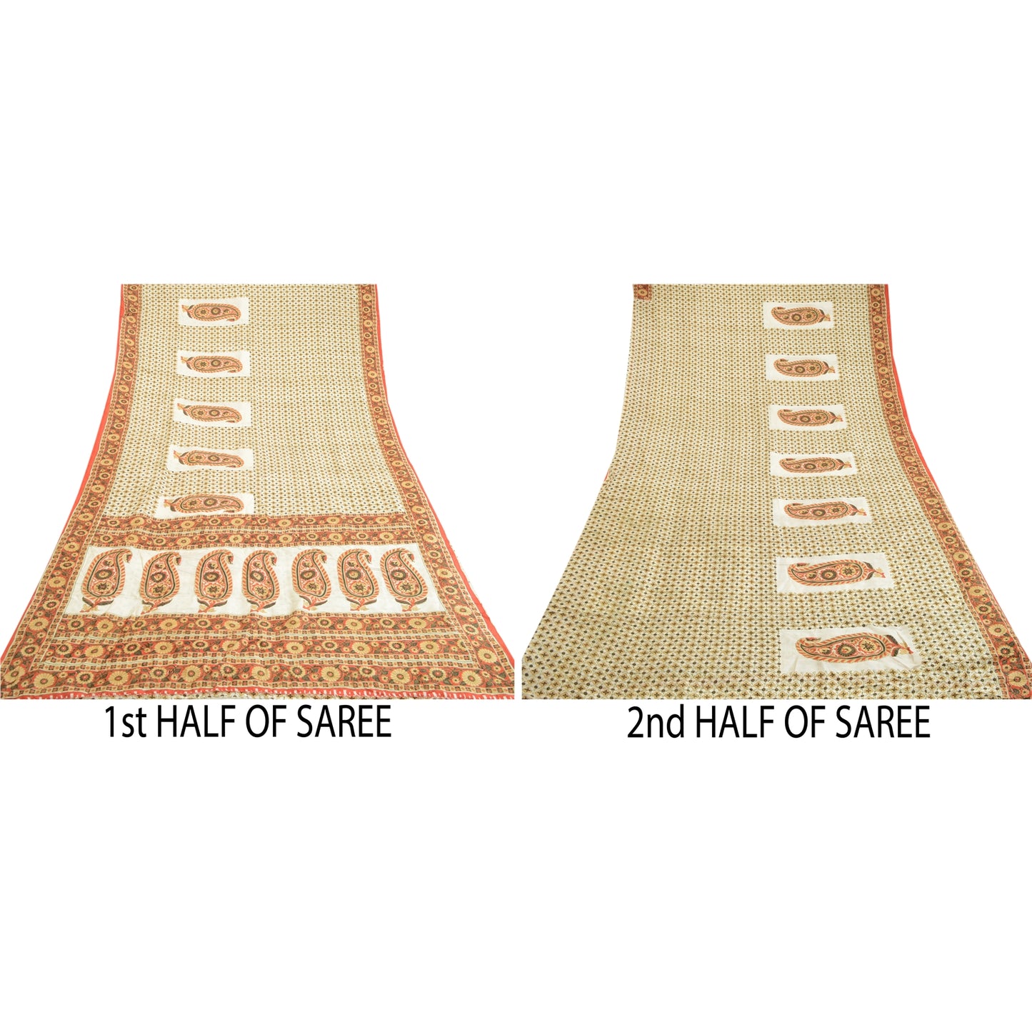 Sanskriti Vintage Sarees Indian Ivory Pure Silk Printed Sari Soft Craft Sustainable Fabric