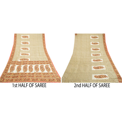 Sanskriti Vintage Sarees Indian Ivory Pure Silk Printed Sari Soft Craft Sustainable Fabric