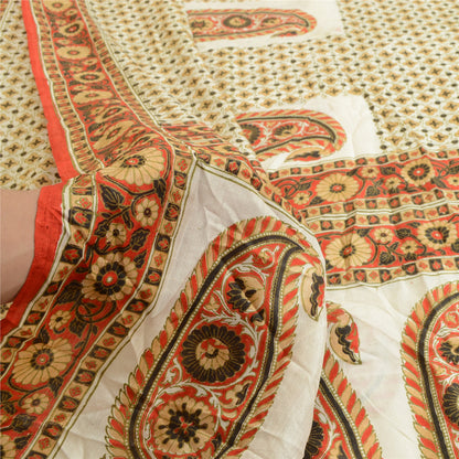 Sanskriti Vintage Sarees Indian Ivory Pure Silk Printed Sari Soft Craft Sustainable Fabric