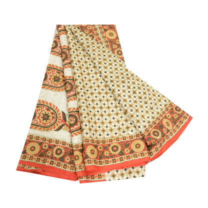 Sanskriti Vintage Sarees Indian Ivory Pure Silk Printed Sari Soft Craft Sustainable Fabric