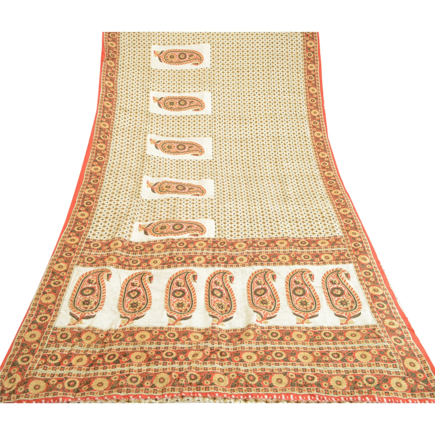 Sanskriti Vintage Sarees Indian Ivory Pure Silk Printed Sari Soft Craft Sustainable Fabric