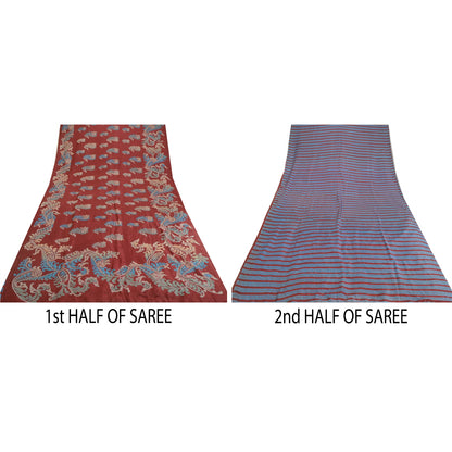 Sanskriti Vintage Sarees Indian Red Pure Silk Printed Sari Floral Craft Sustainable Fabric