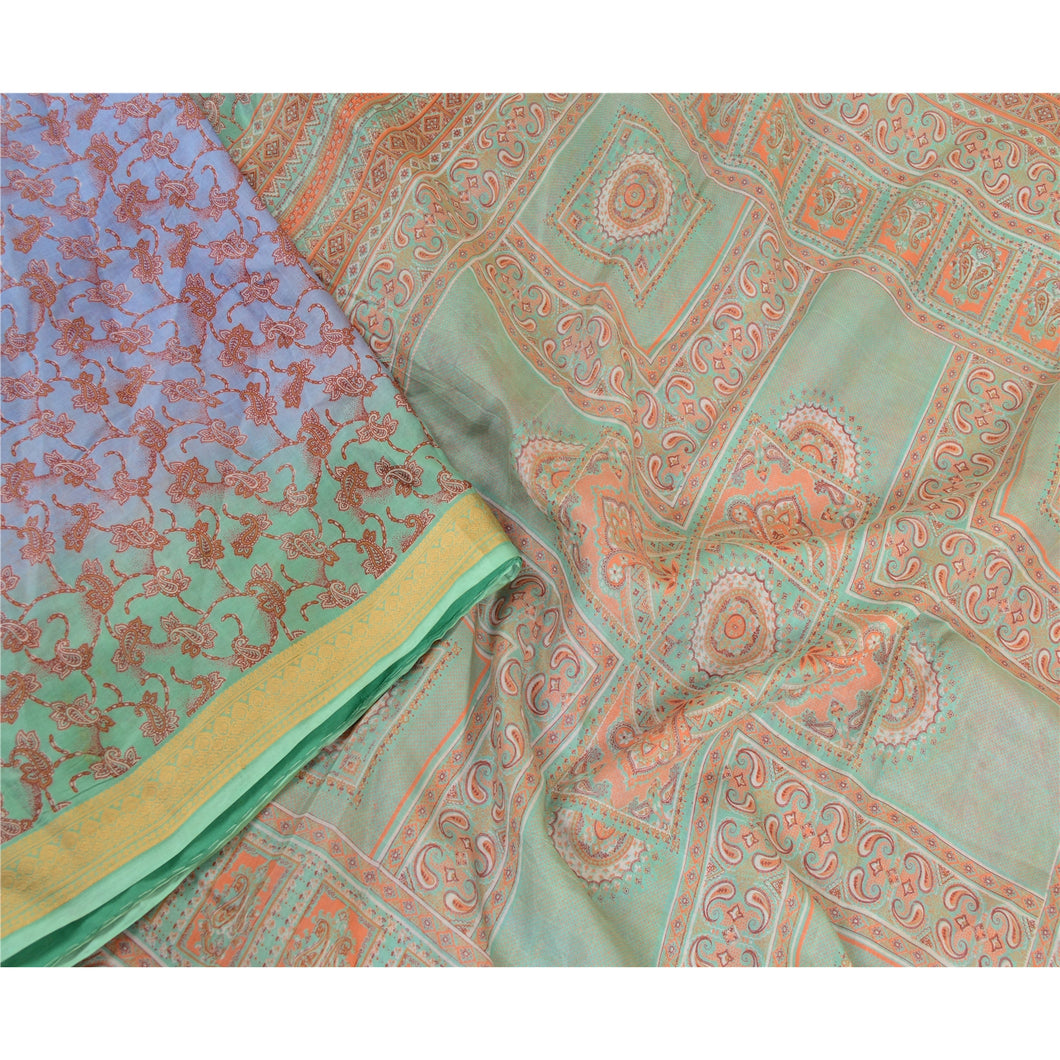 Sanskriti Vintage Sarees From India Blue Pure Silk Printed Sari 5yd Craft Fabric