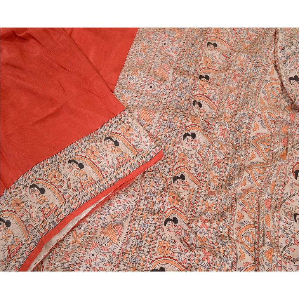 Sanskriti Vintage Sarees Red Kalamkari Women Pure Silk Printed Sari Craft Sustainable Fabric