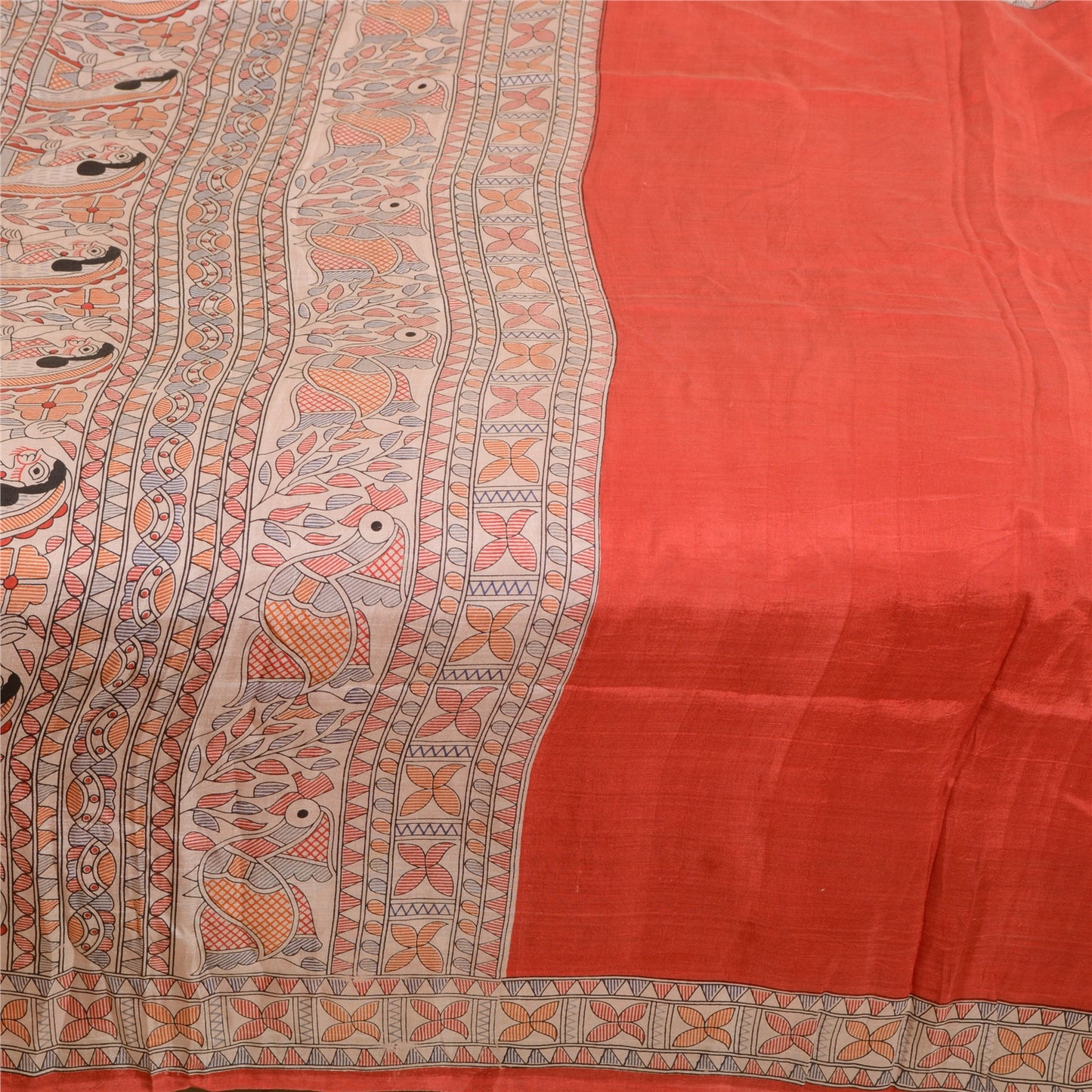 Sanskriti Vintage Sarees Red Kalamkari Women Pure Silk Printed Sari Craft Sustainable Fabric