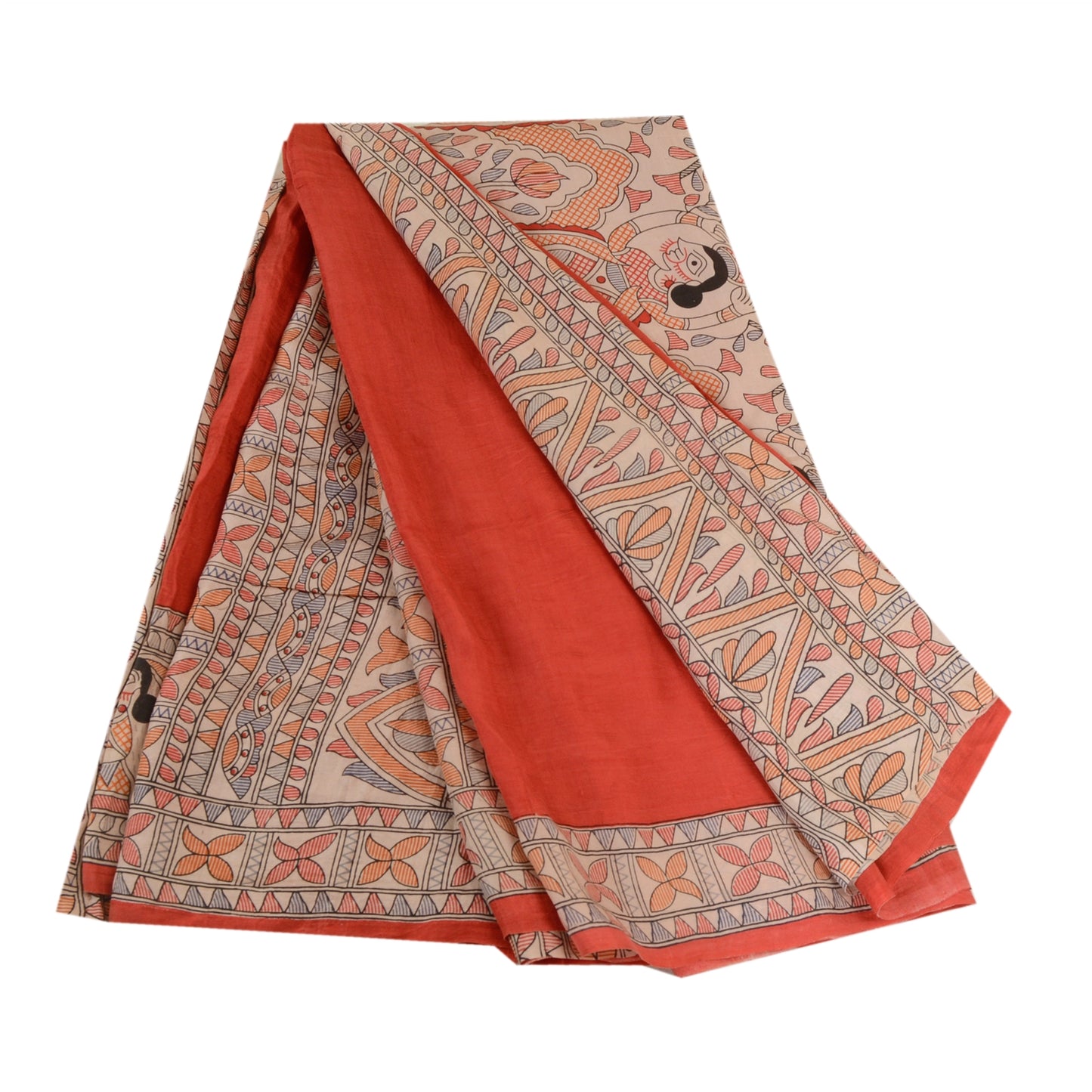 Sanskriti Vintage Sarees Red Kalamkari Women Pure Silk Printed Sari Craft Sustainable Fabric