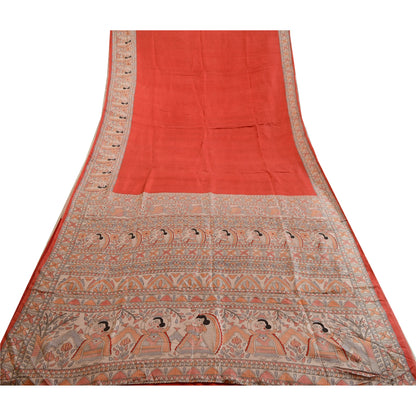 Sanskriti Vintage Sarees Red Kalamkari Women Pure Silk Printed Sari Craft Sustainable Fabric