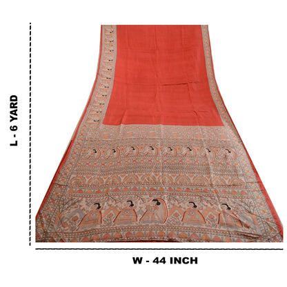 Sanskriti Vintage Sarees Red Kalamkari Women Pure Silk Printed Sari Craft Sustainable Fabric
