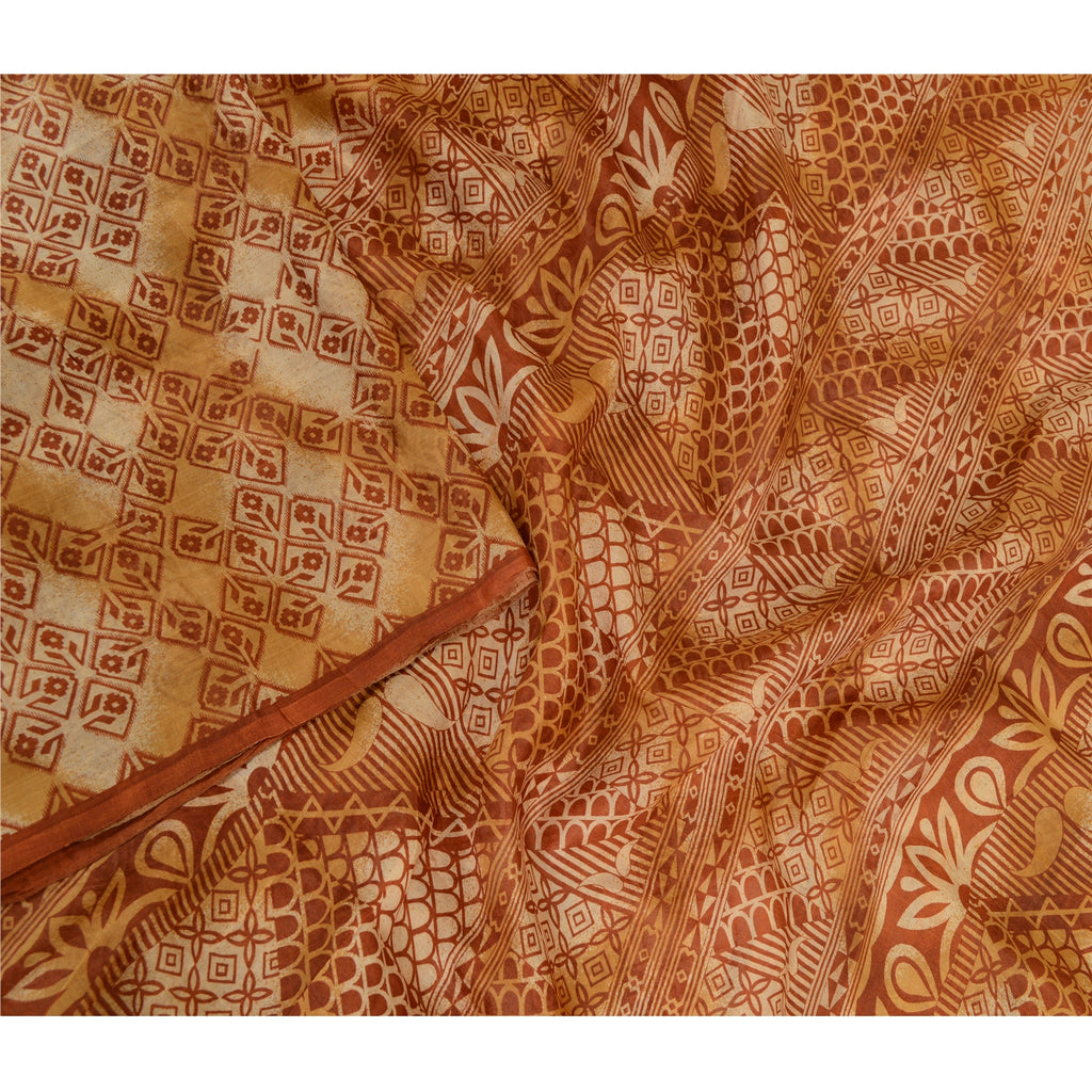 Sanskriti Vintage Sarees Brown Pure Silk Printed Sari Floral Soft Craft Sustainable Fabric