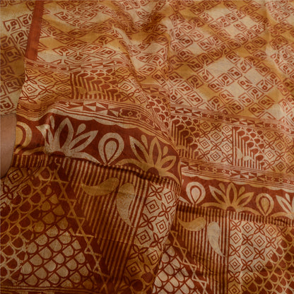 Sanskriti Vintage Sarees Brown Pure Silk Printed Sari Floral Soft Craft Sustainable Fabric