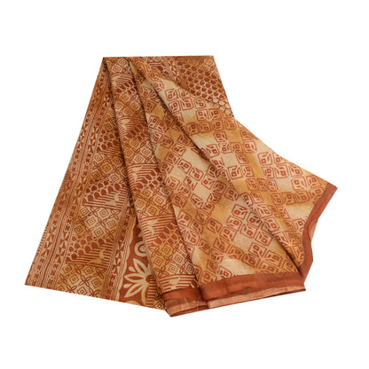 Sanskriti Vintage Sarees Brown Pure Silk Printed Sari Floral Soft Craft Sustainable Fabric
