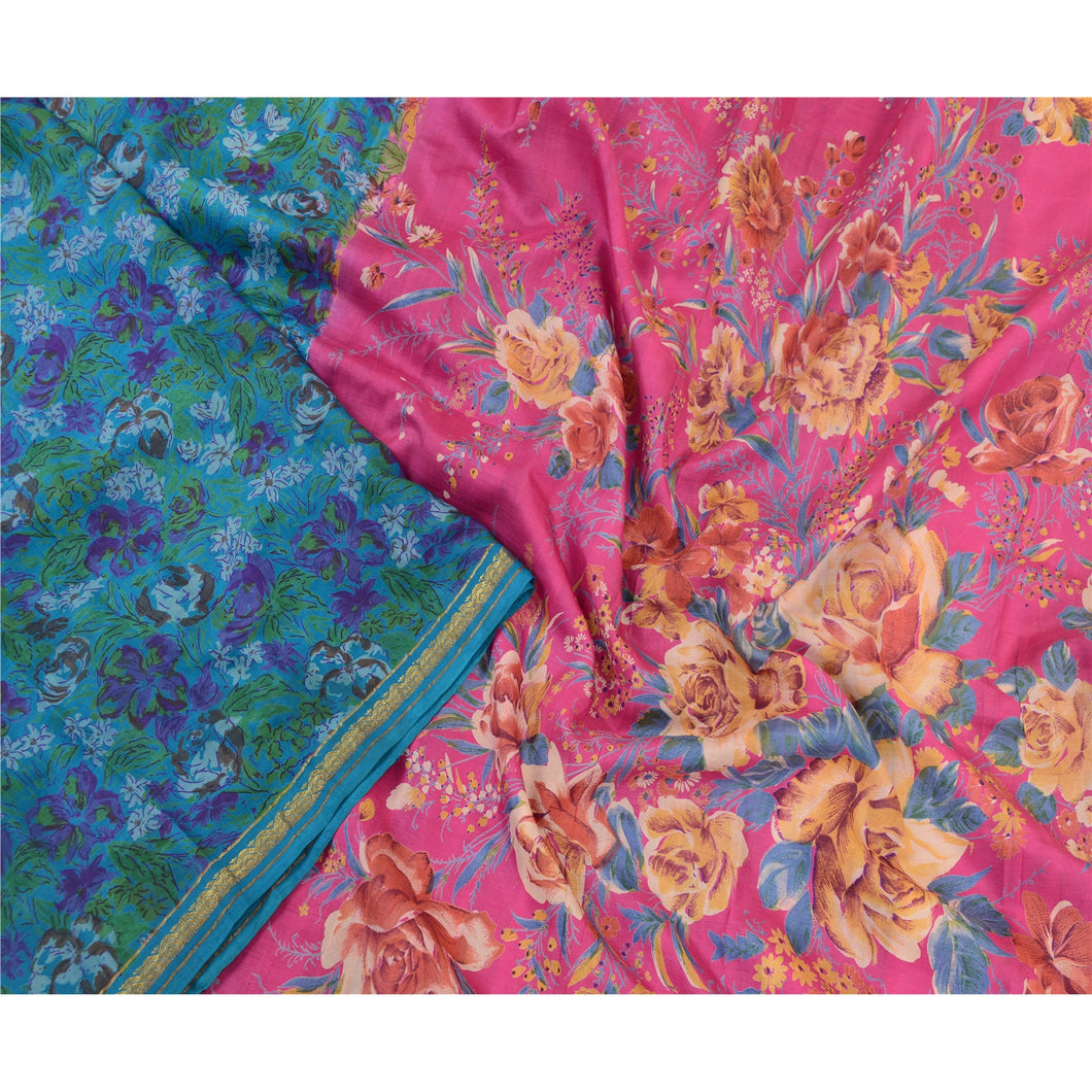 Sanskriti Vintage Sarees Blue Print Quilting Felting Craft Fabric Pure Silk Sari
