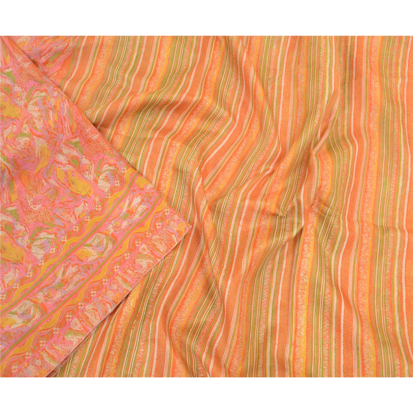 Sanskriti Vintage Sarees Indian Orange 100% Pure Silk Printed Sari Craft Sustainable Fabric