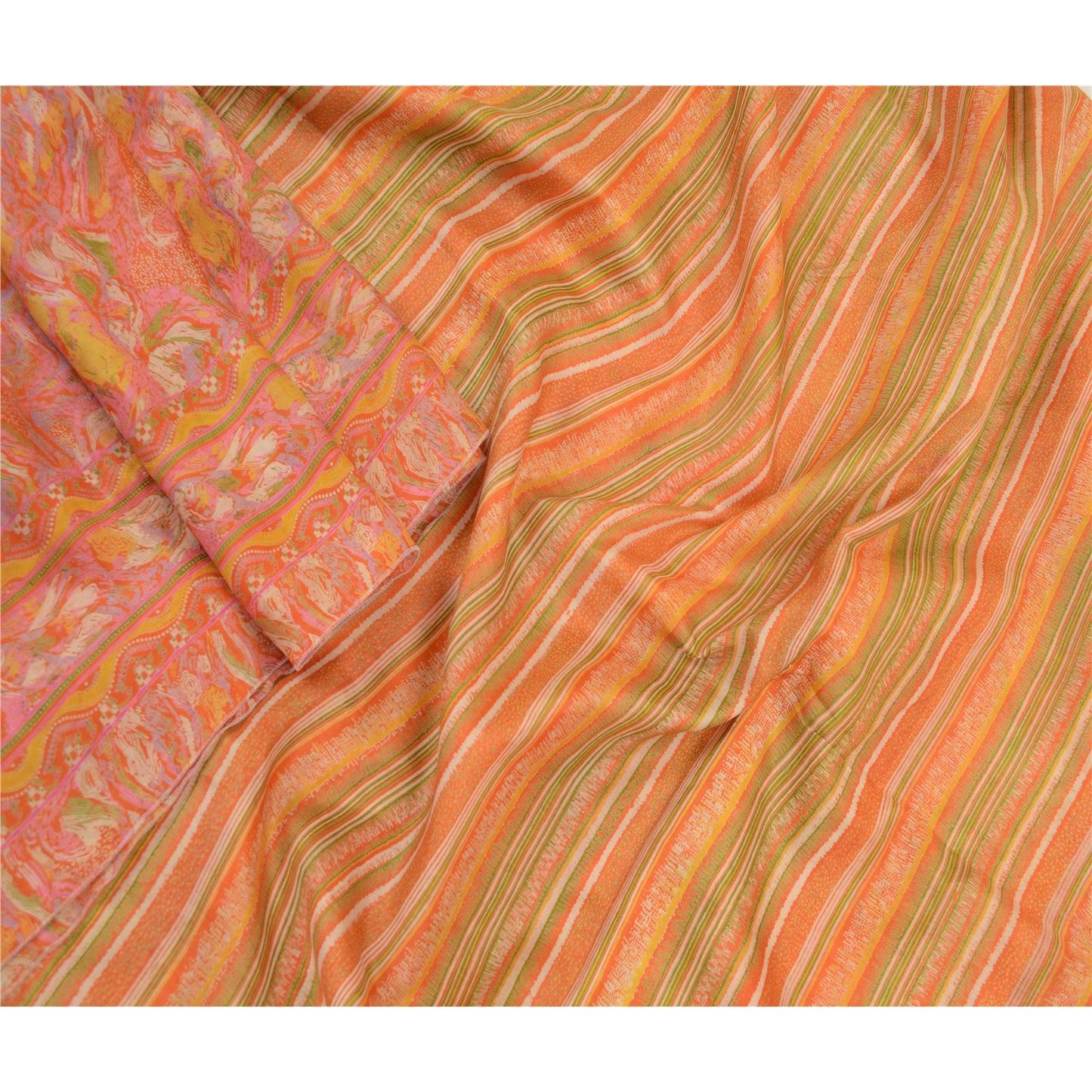 Sanskriti Vintage Sarees Indian Orange 100% Pure Silk Printed Sari Craft Sustainable Fabric
