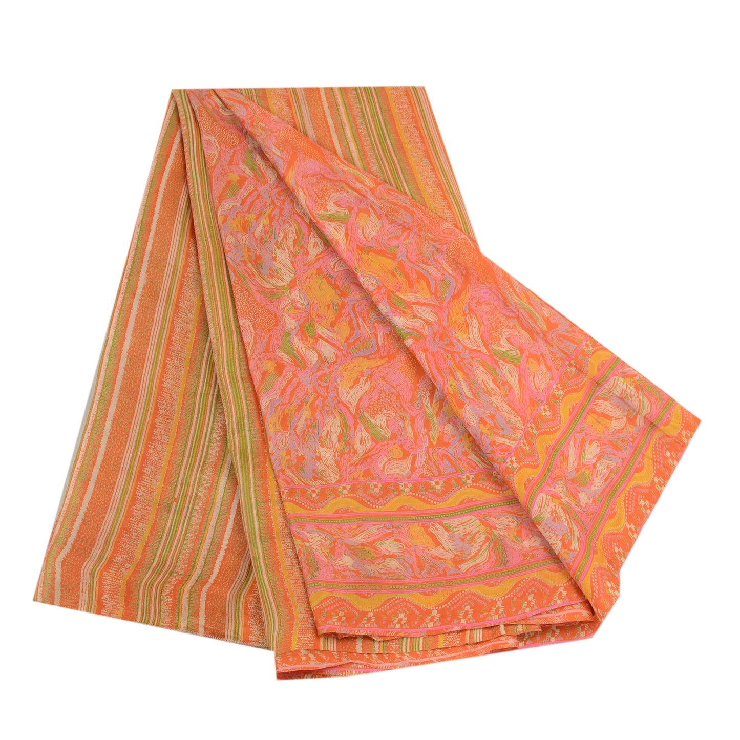 Sanskriti Vintage Sarees Indian Orange 100% Pure Silk Printed Sari Craft Sustainable Fabric