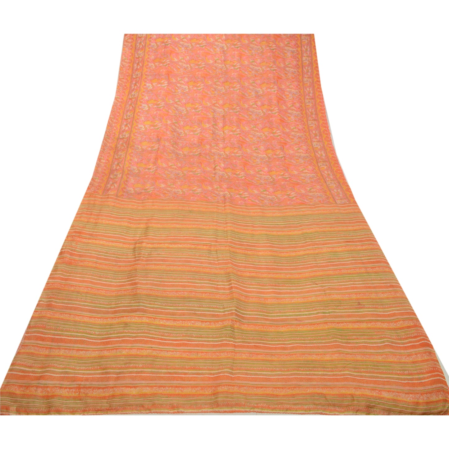Sanskriti Vintage Sarees Indian Orange 100% Pure Silk Printed Sari Craft Sustainable Fabric