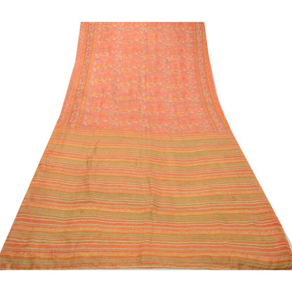 Sanskriti Vintage Sarees Indian Orange 100% Pure Silk Printed Sari Craft Sustainable Fabric